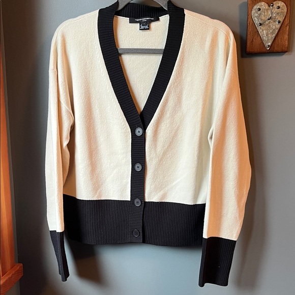 French Connection Sweaters - French Connection Cream and Black V-Neck Button Front Cardigan